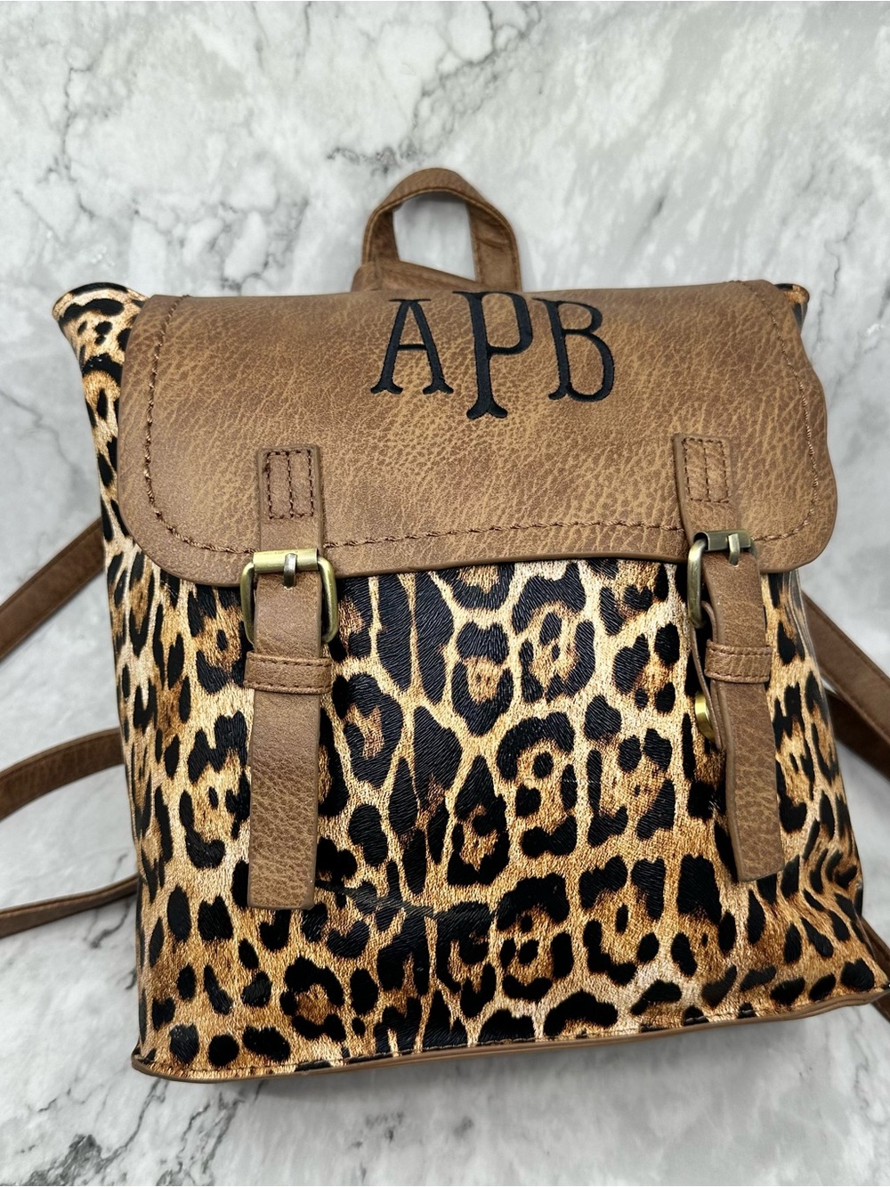 Brown Leopard Print Mini Backpack with Monogram Accent